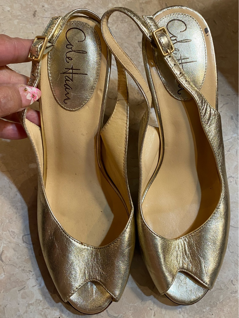 Cole Haan Gold Metallic Peep-Toe Slingback Heels